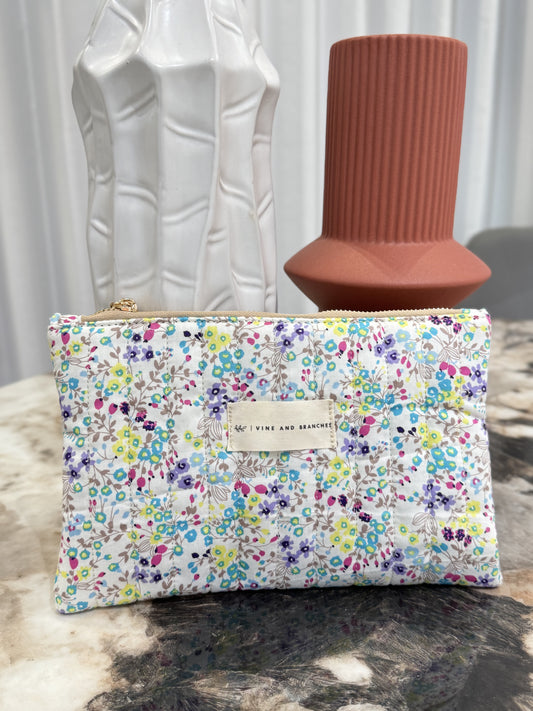 Flat Quilted Japanese Cotton Pouch - White Dainty Floral