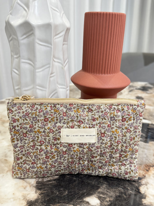Flat Quilted Japanese Cotton Pouch - Beige Dainty Floral
