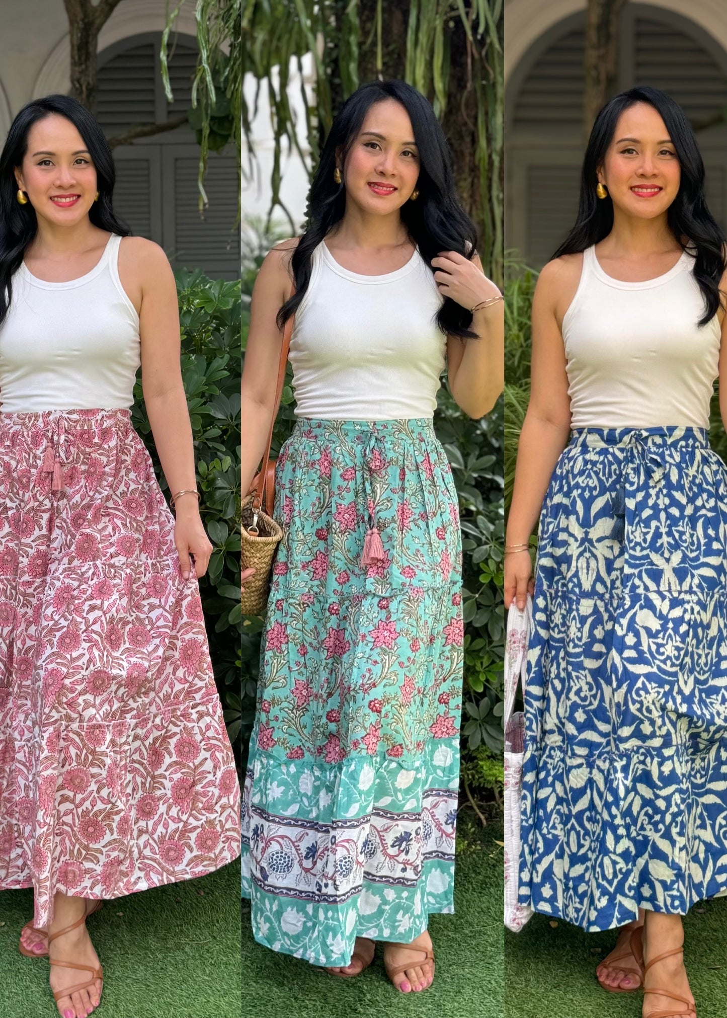 Hanis Handblock Skirt | Pink | Turquoise | Blue