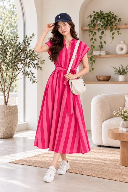 Kiara Cotton Dress | Pink Stripes