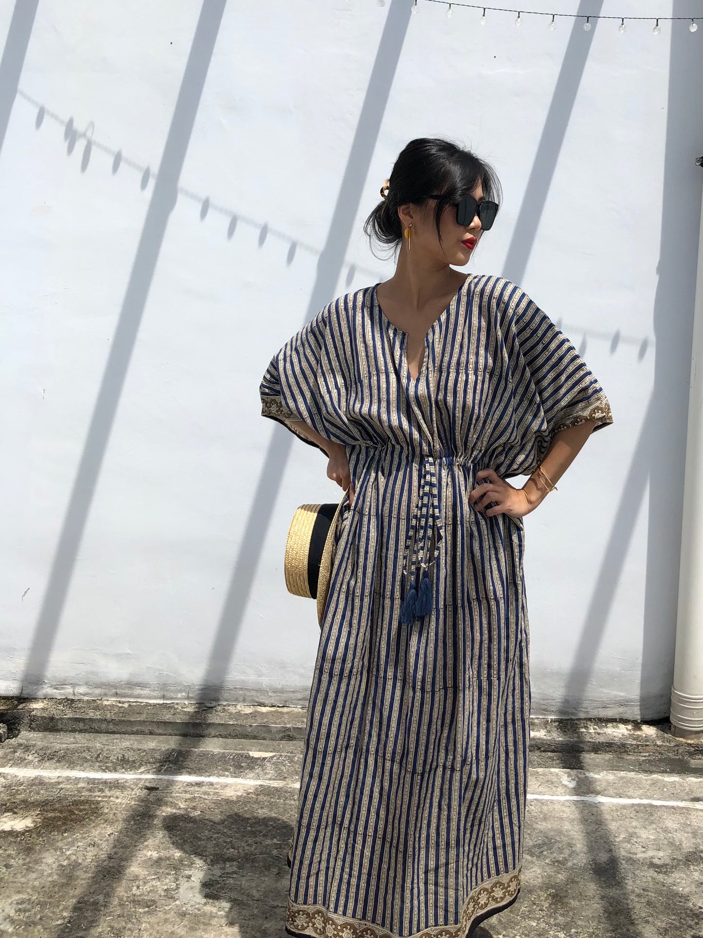 Kaftan in Cotton Block Print - Stripe Print