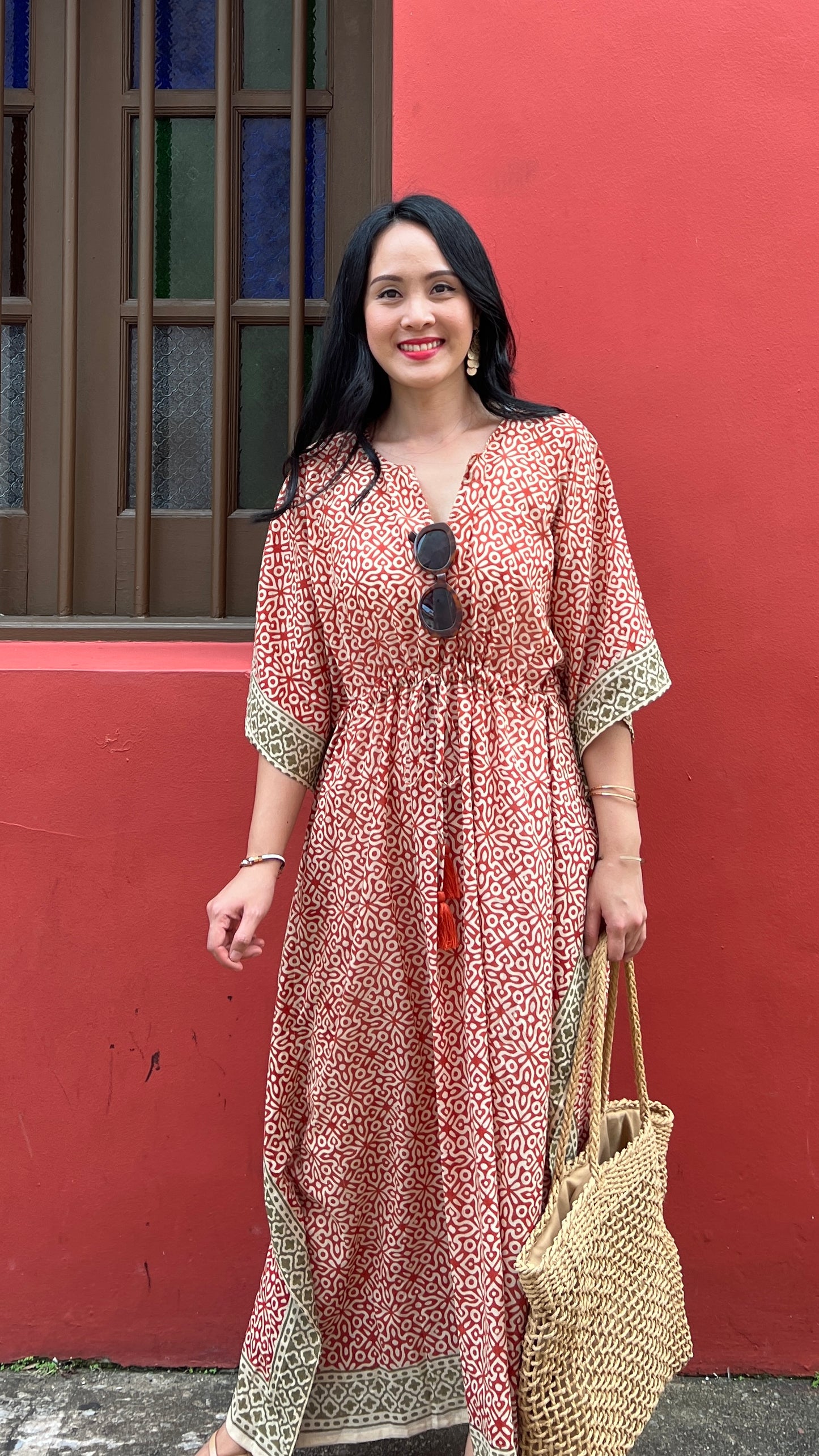 Kaftan in Cotton Block Print - Rustic Red [LAST PIECE]