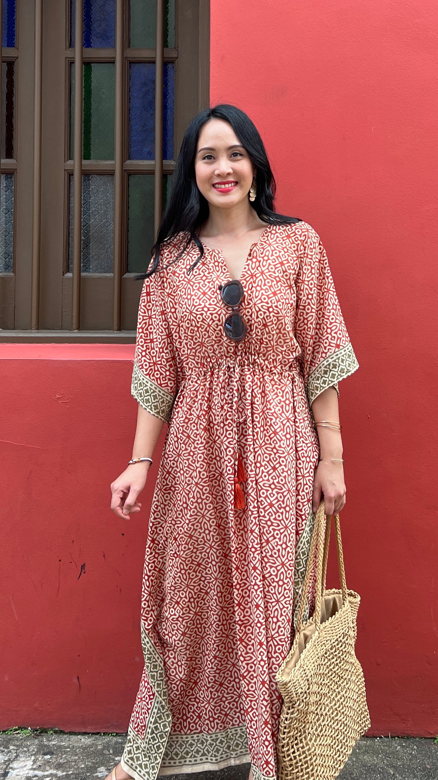 Kaftan in Cotton Block Print - Rustic Red