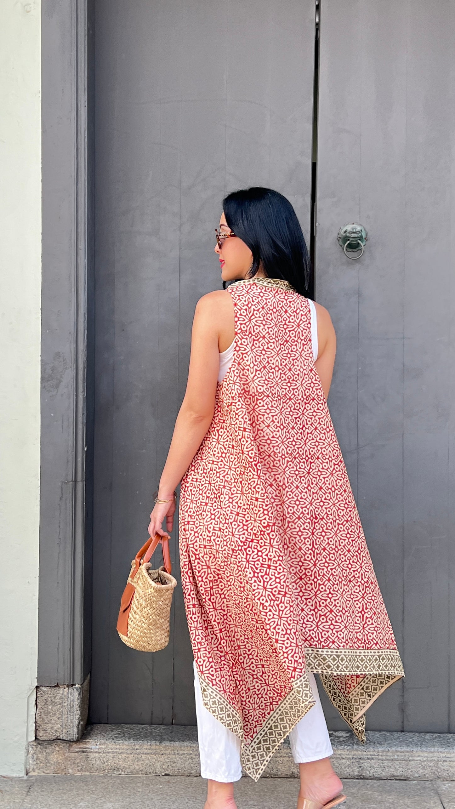 Cape Vest in Cotton Block Print - Rustic Red [ DM us to check availability at stockist if keen ]