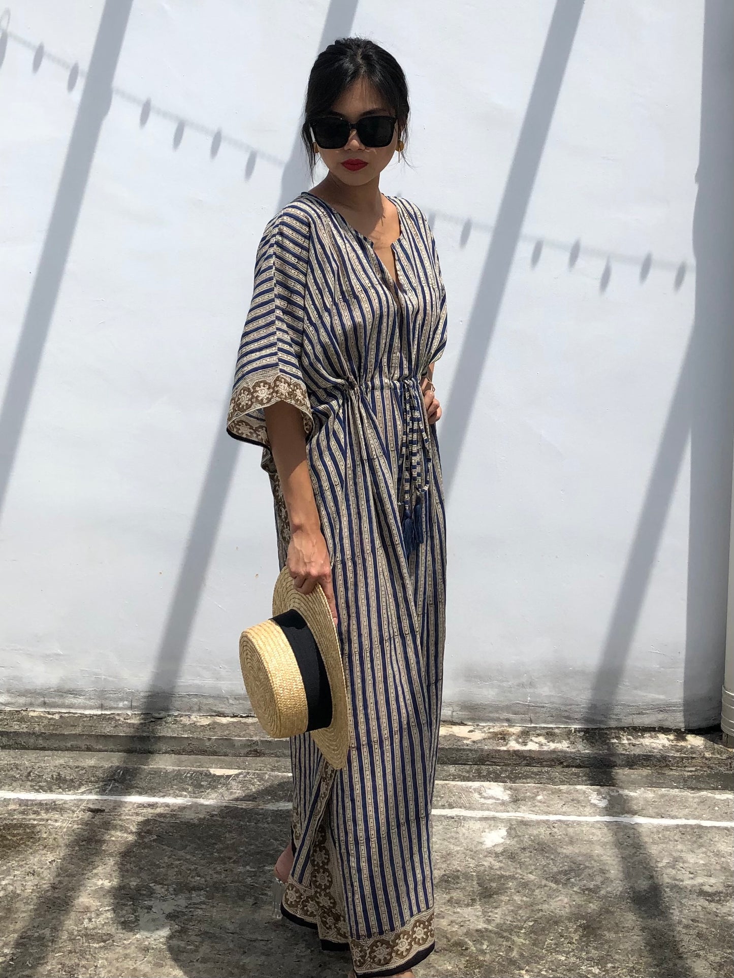 Kaftan in Cotton Block Print - Stripe Print