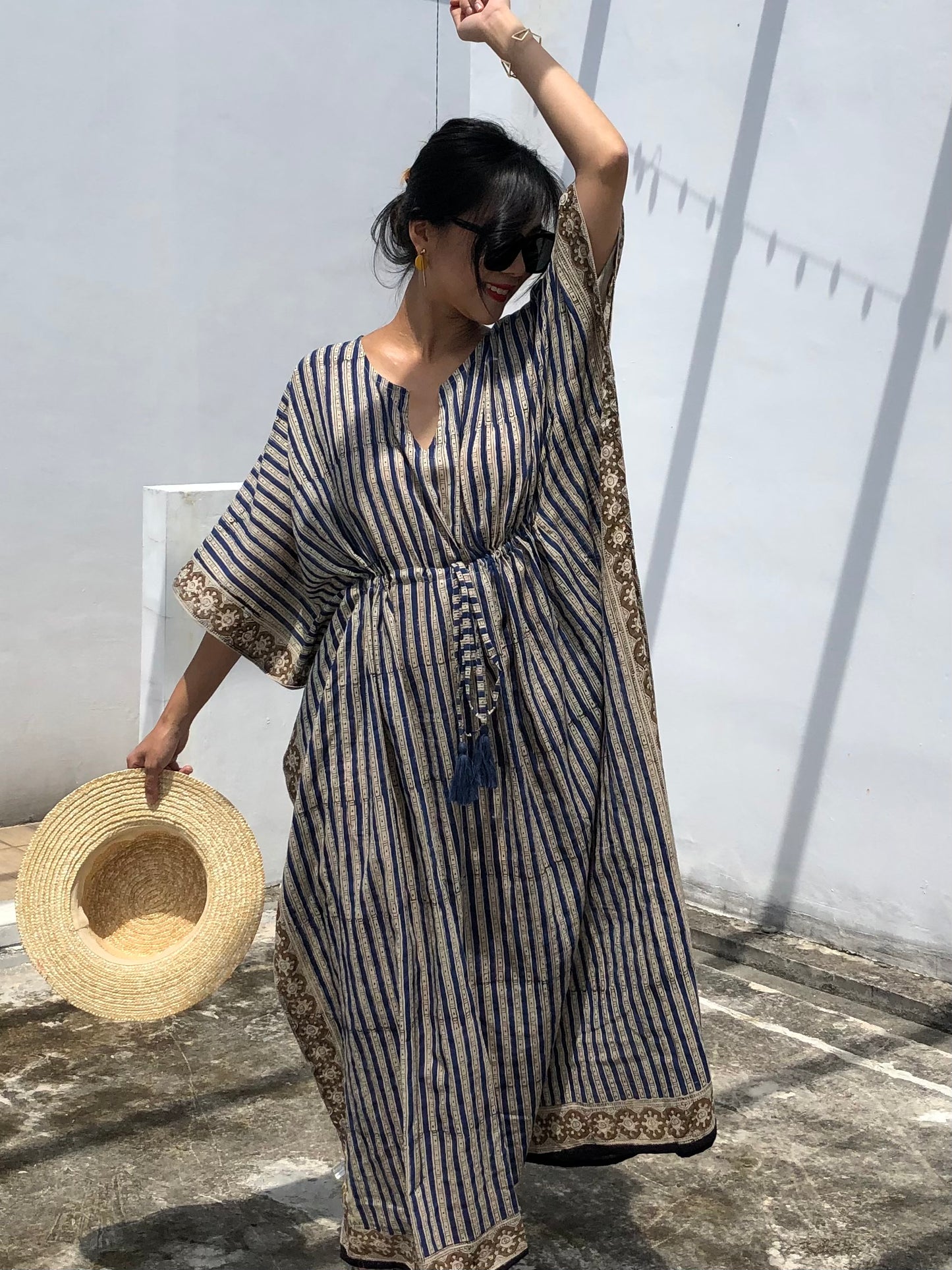 Kaftan in Cotton Block Print - Stripe Print