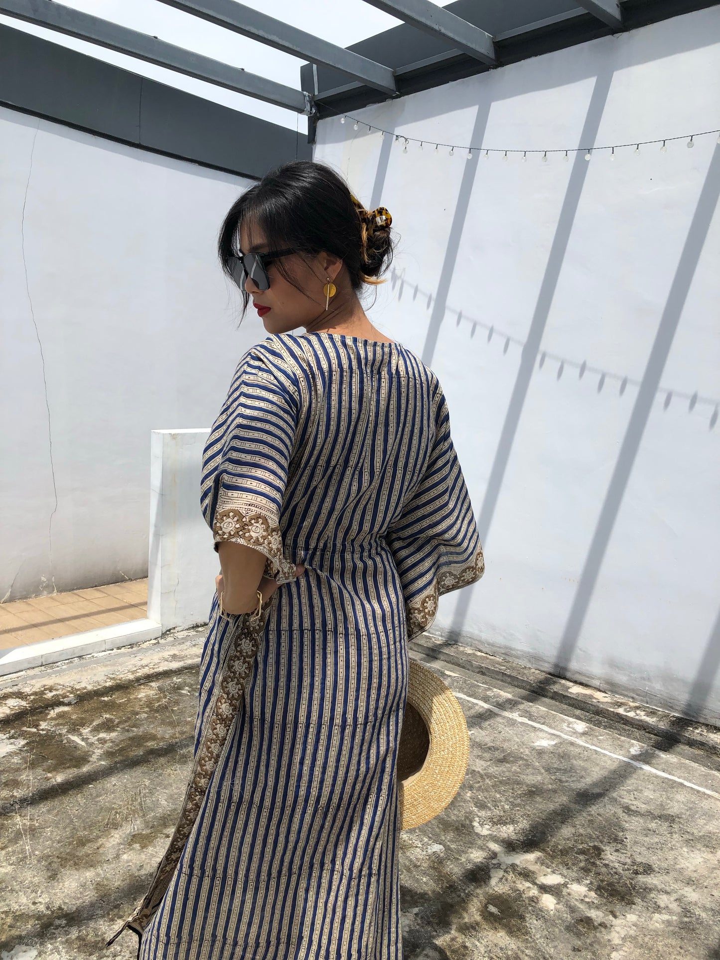 Kaftan in Cotton Block Print - Stripe Print