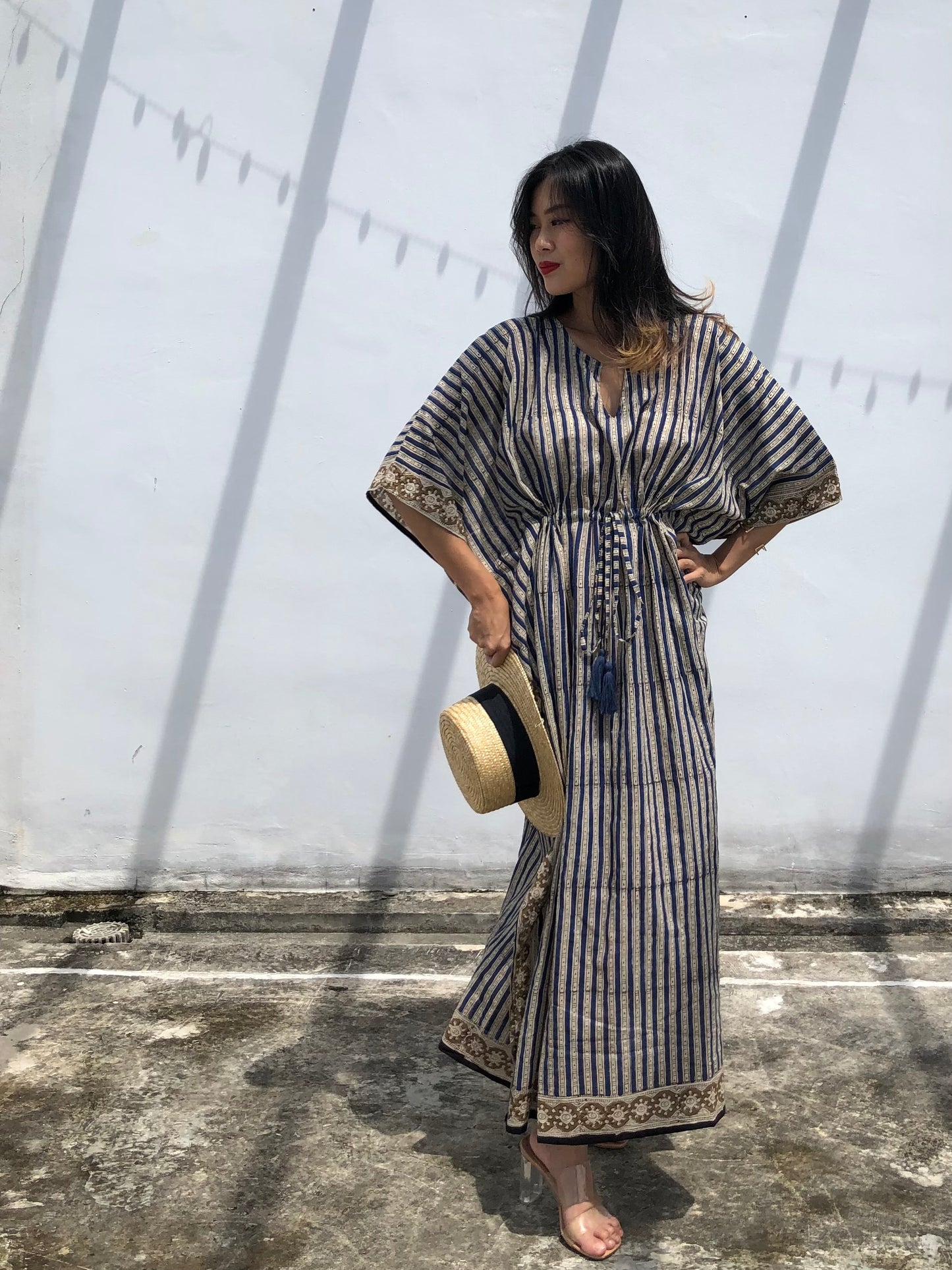 Kaftan in Cotton Block Print - Stripe Print