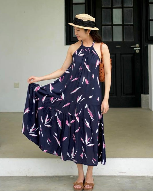 Enza Halter Neck Maxi Dress - Navy Pink [LAST PIECE]