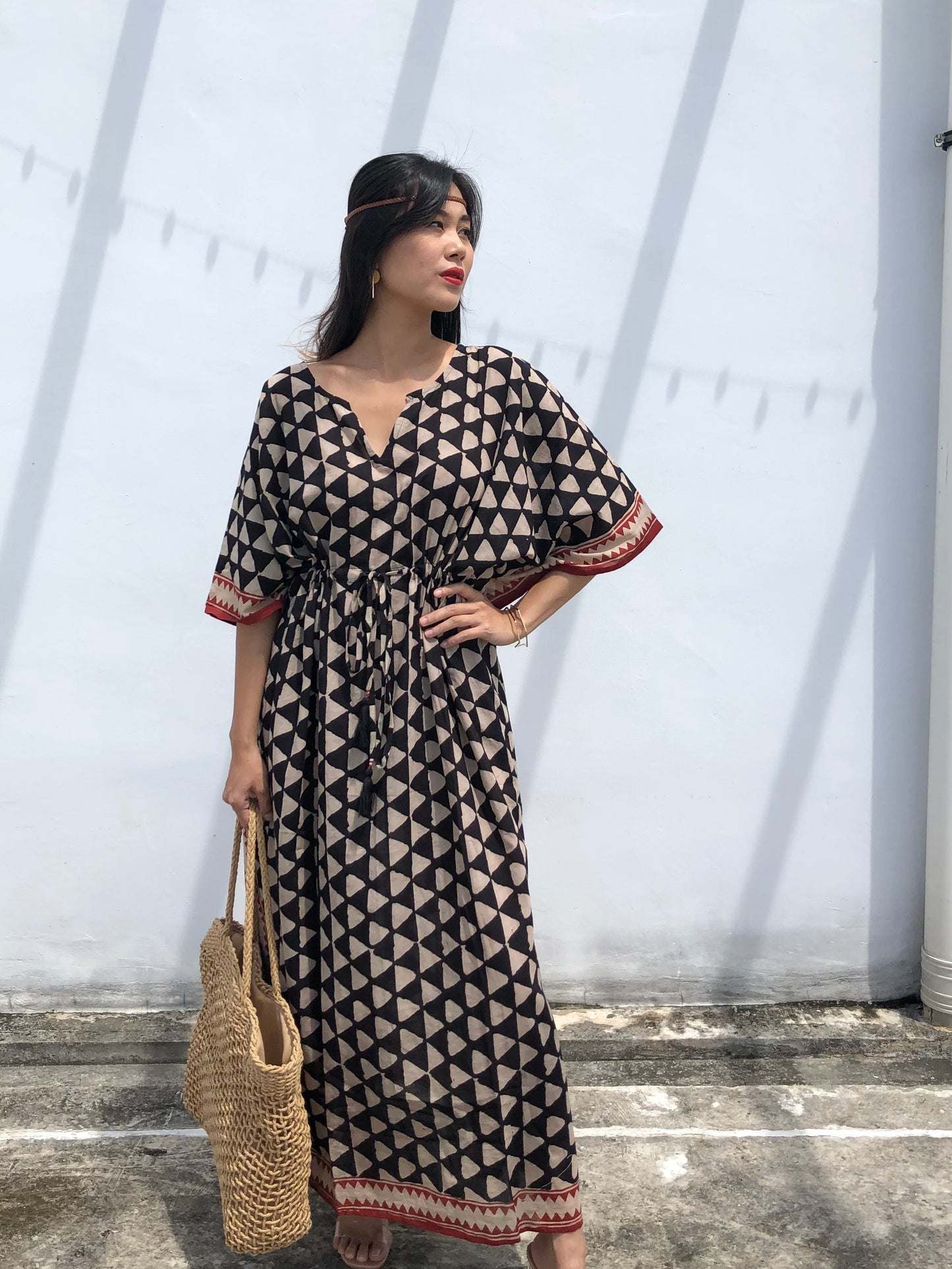 Kaftan in Cotton Block Print - Geometric Print