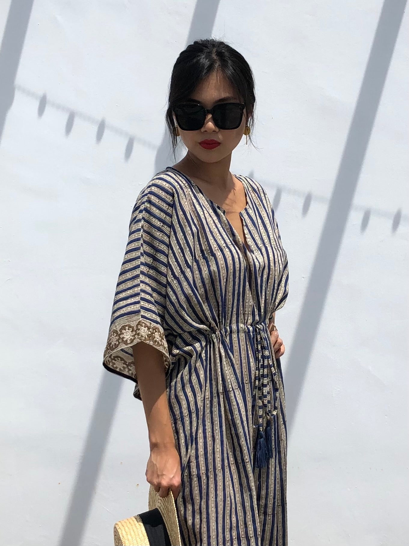 Kaftan in Cotton Block Print - Stripe Print