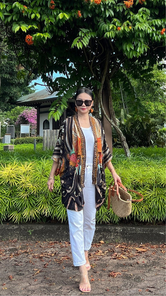 Cotton Batik Kimono- Black Orange