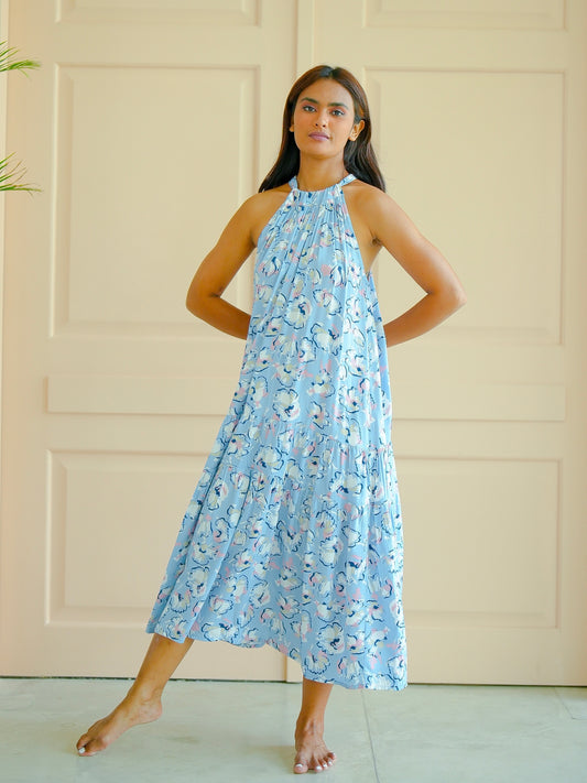Enza Halter Neck Maxi Dress - Cotton Blue