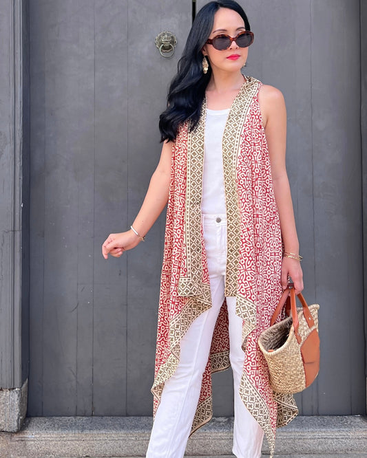 Cape Vest in Cotton Block Print - Rustic Red [ DM us to check availability at stockist if keen ]