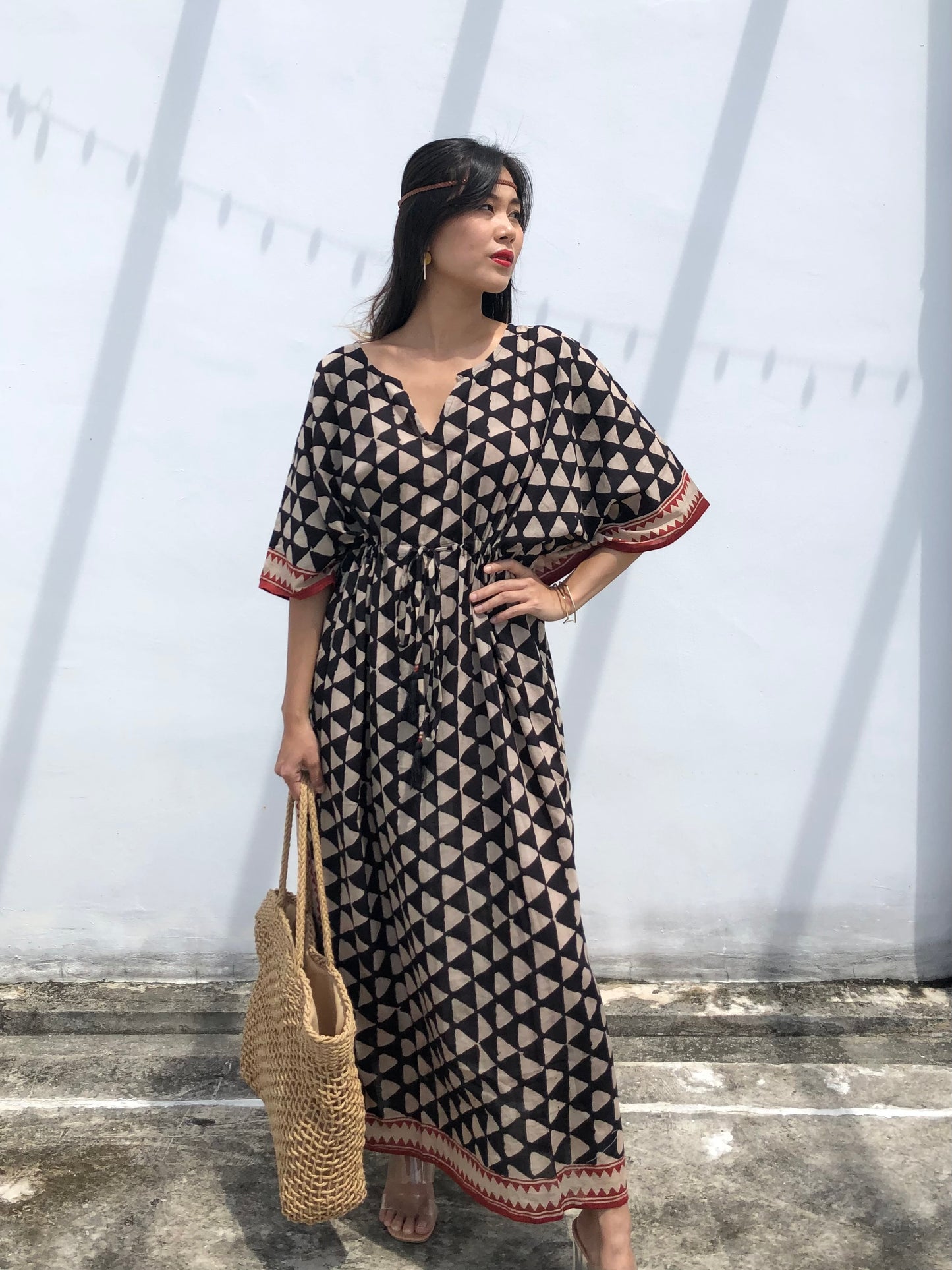 Kaftan in Cotton Block Print - Geometric Print