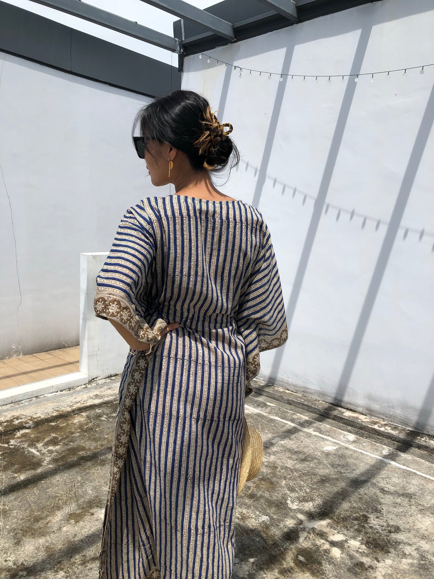 Kaftan in Cotton Block Print - Stripe Print