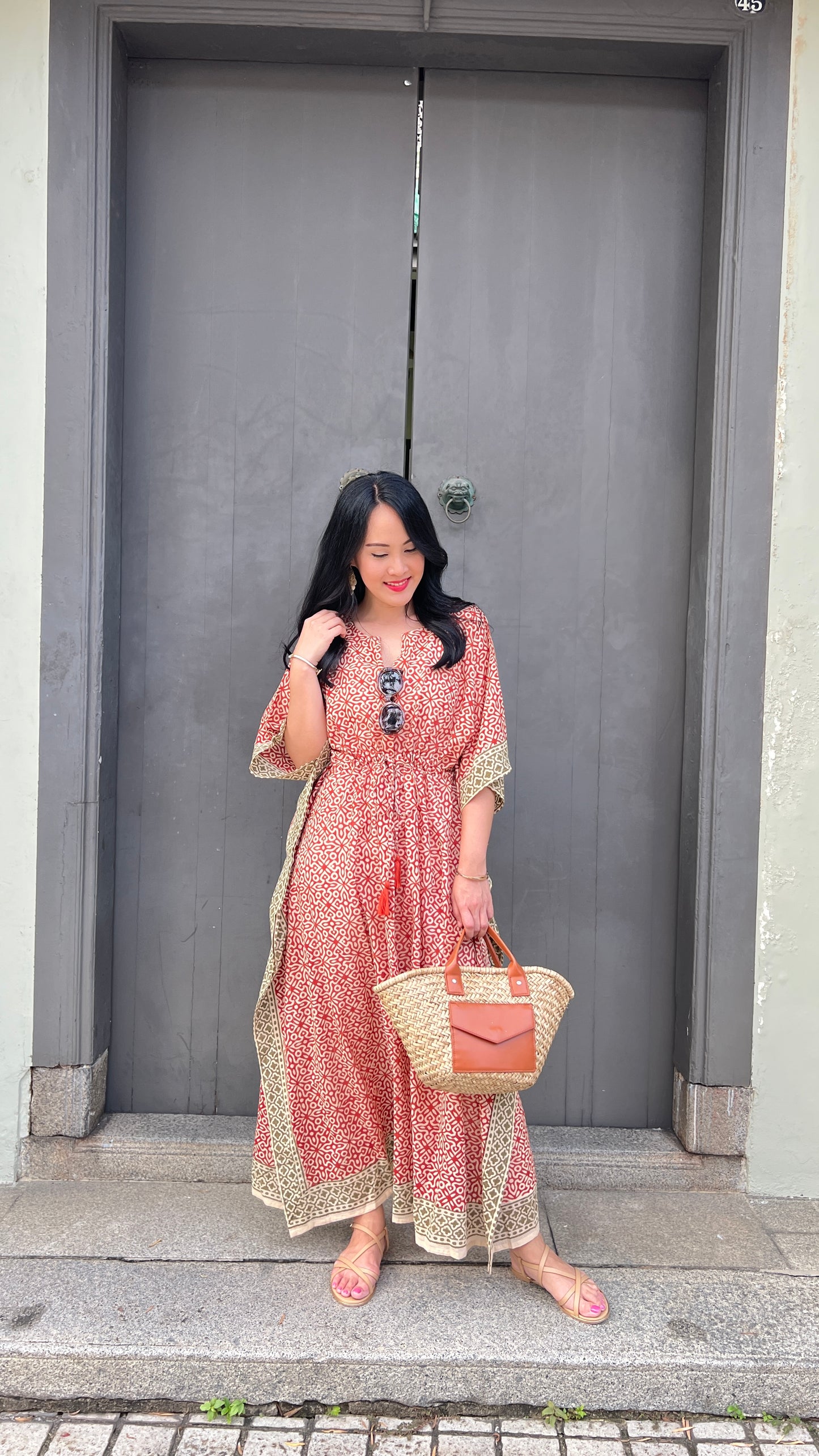 Kaftan in Cotton Block Print - Rustic Red