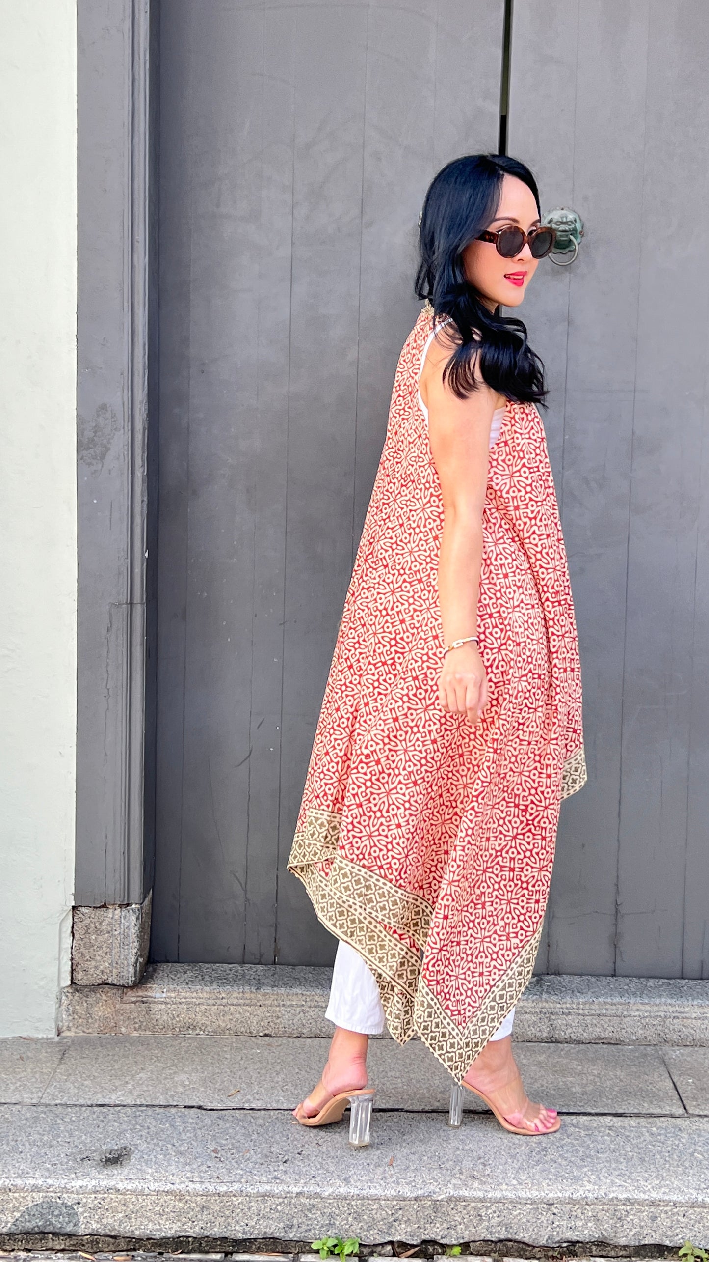 Cape Vest in Cotton Block Print - Rustic Red [ DM us to check availability at stockist if keen ]