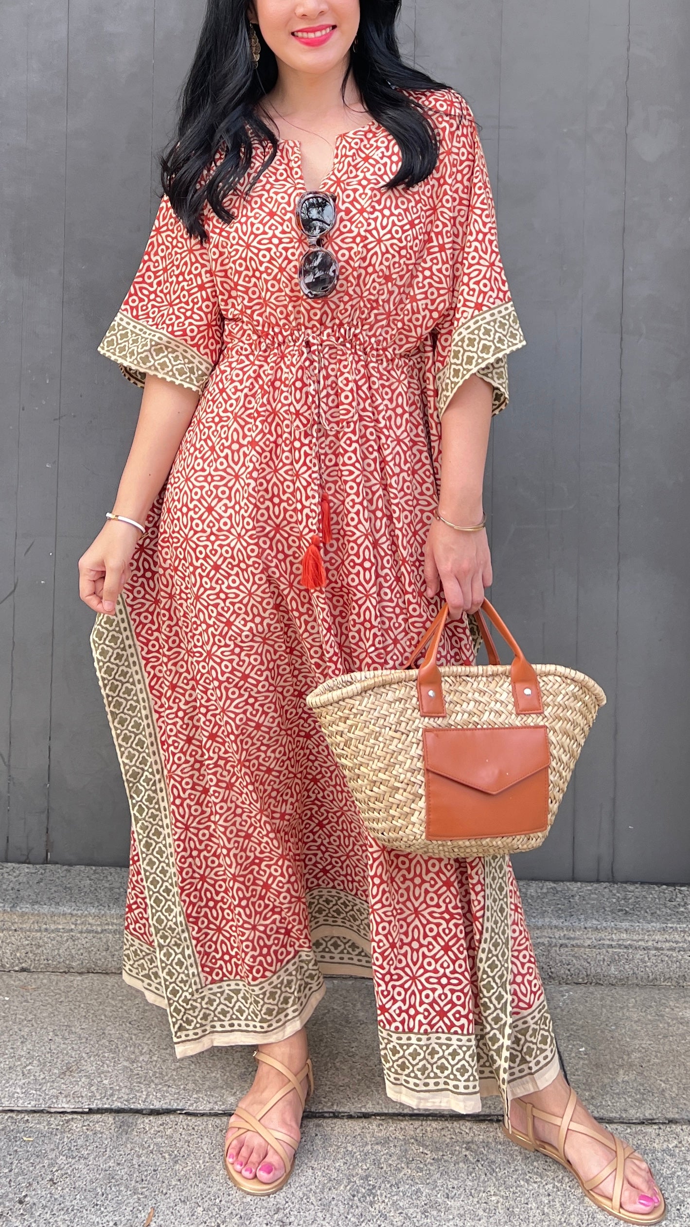 Kaftan in Cotton Block Print - Rustic Red