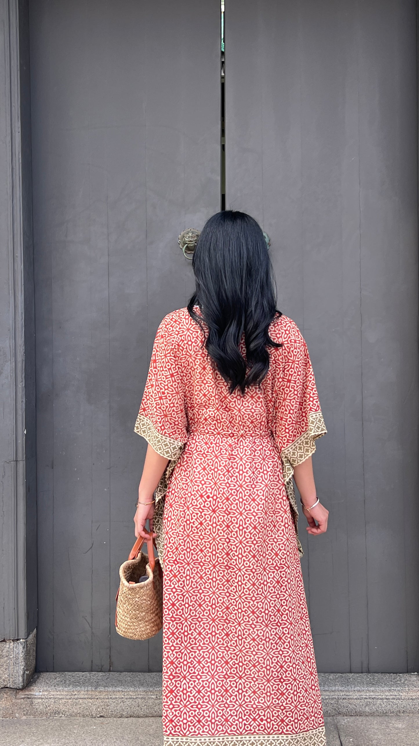 Kaftan in Cotton Block Print - Rustic Red