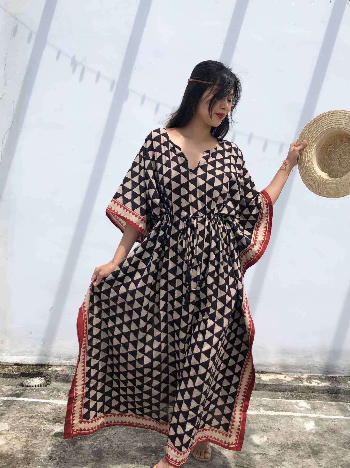 Kaftan in Cotton Block Print - Geometric Print