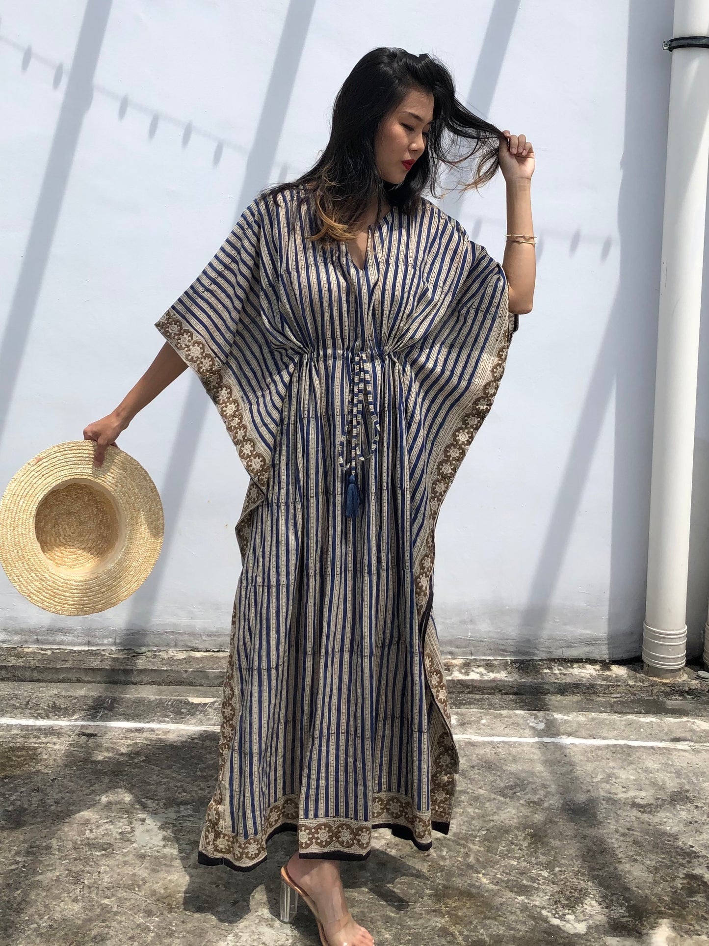 Kaftan in Cotton Block Print - Stripe Print