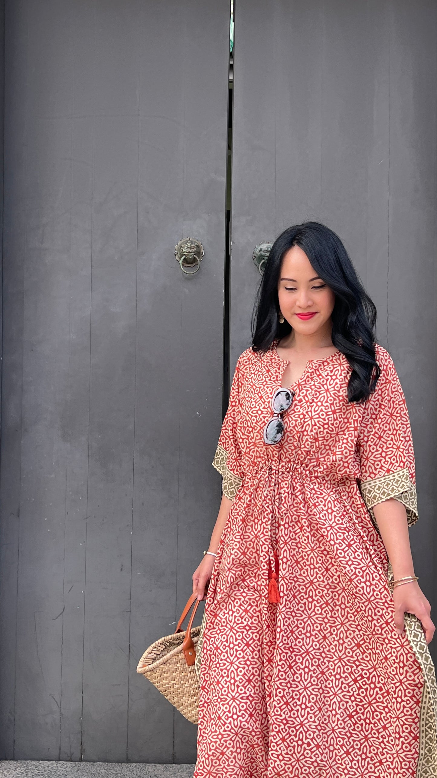 Kaftan in Cotton Block Print - Rustic Red [LAST PIECE]