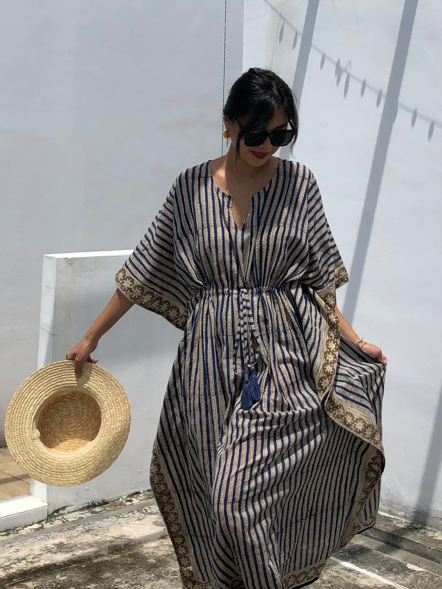 Kaftan in Cotton Block Print - Stripe Print