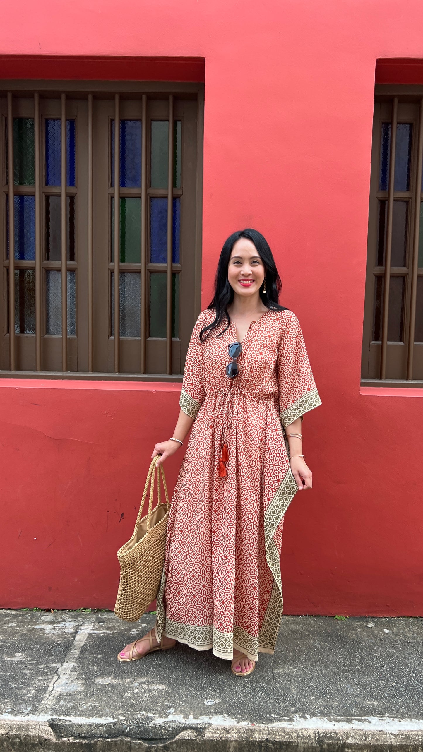 Kaftan in Cotton Block Print - Rustic Red [LAST PIECE]