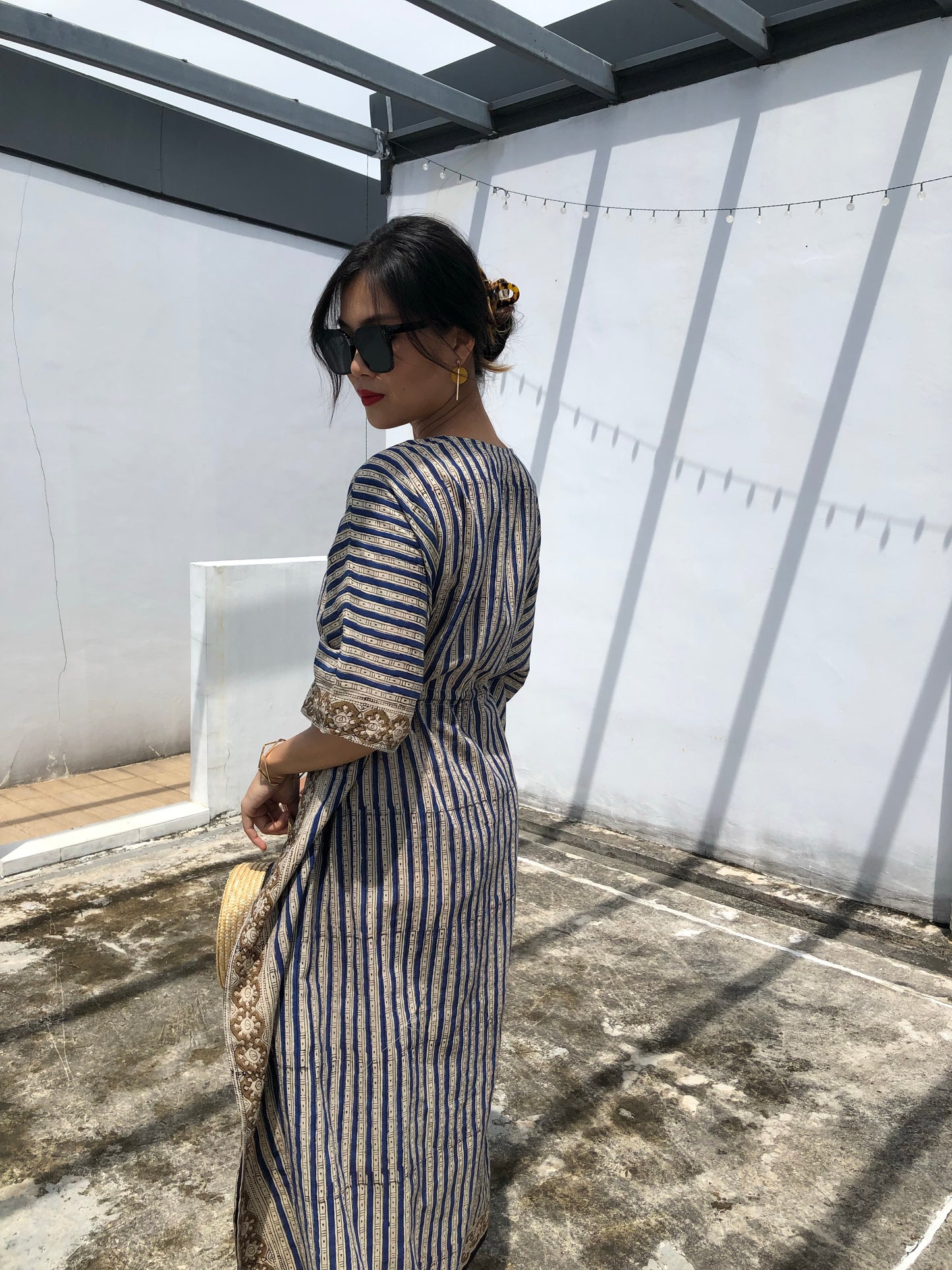 Kaftan in Cotton Block Print - Stripe Print