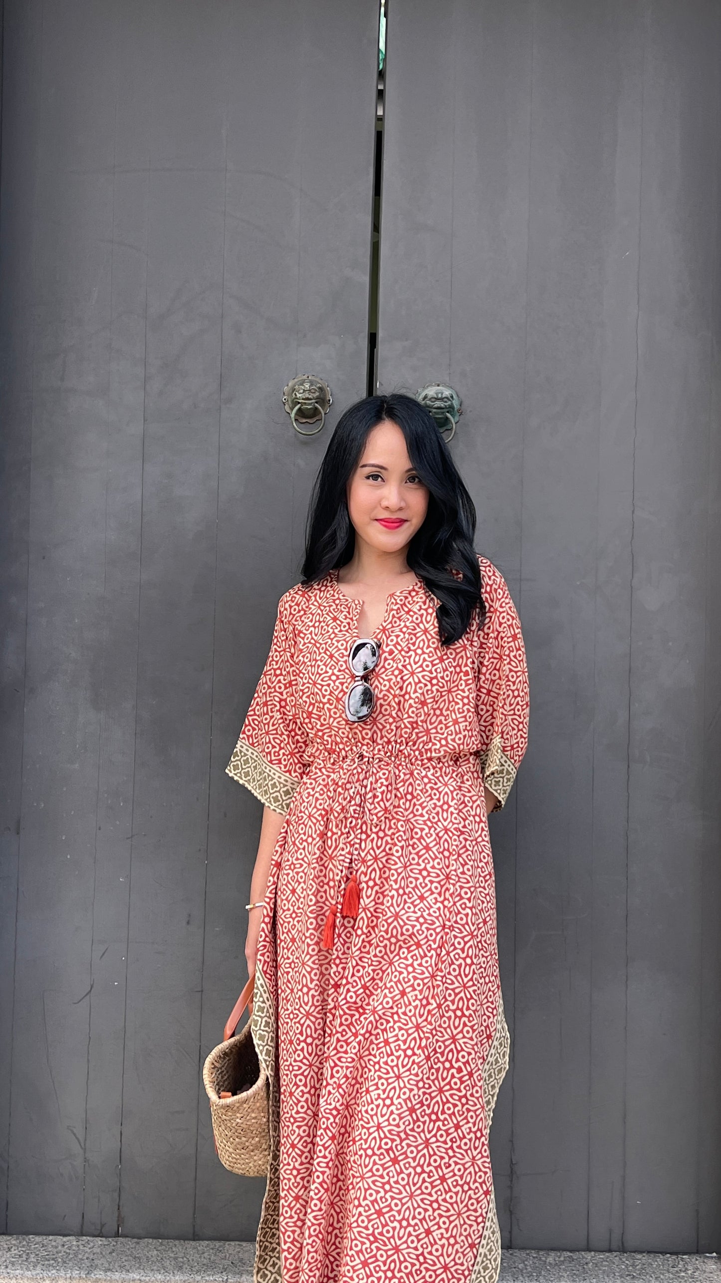 Kaftan in Cotton Block Print - Rustic Red [LAST PIECE]