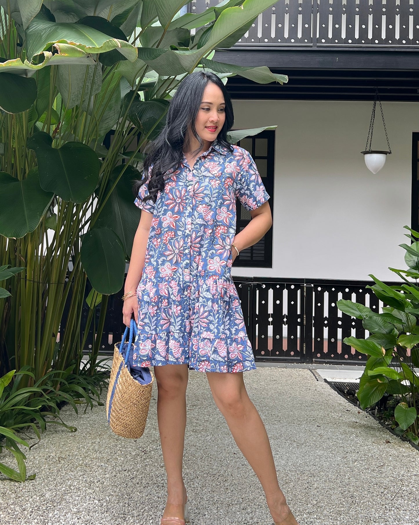 Elise Shirt Dress - Blue/Orange