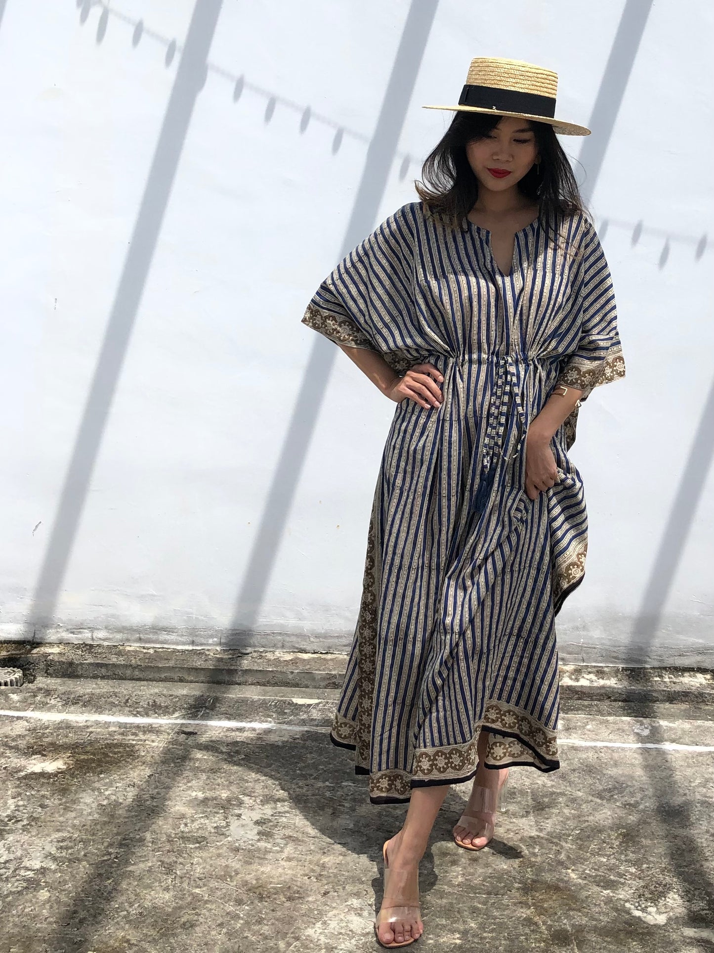 Kaftan in Cotton Block Print - Stripe Print