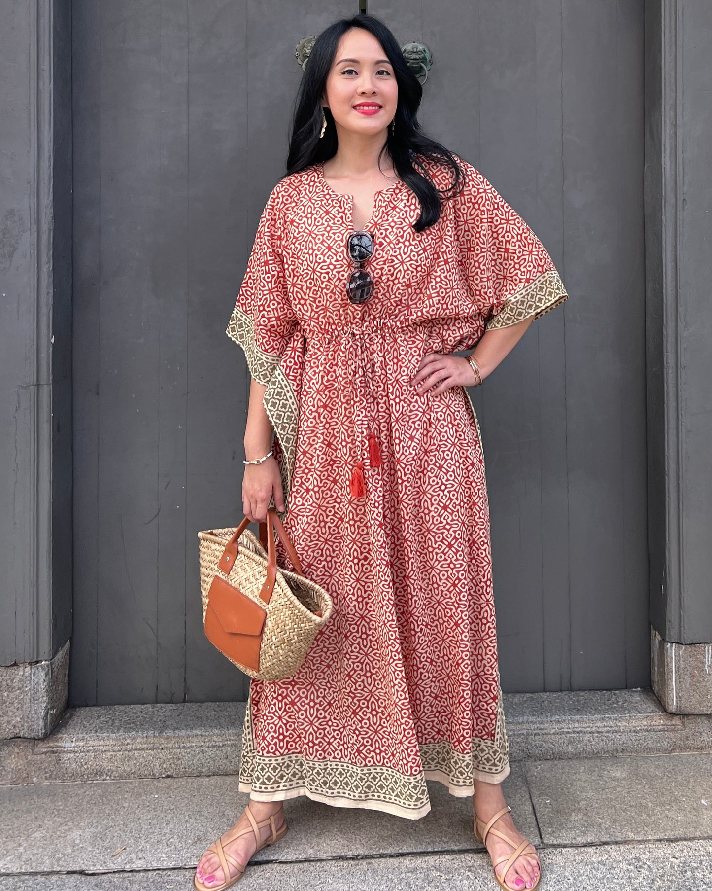 Kaftan in Cotton Block Print - Rustic Red