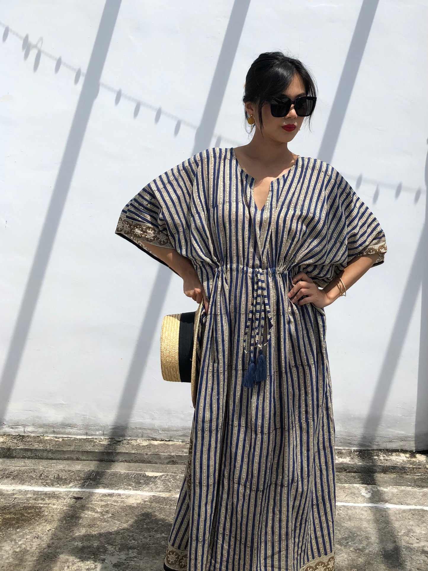 Kaftan in Cotton Block Print - Stripe Print