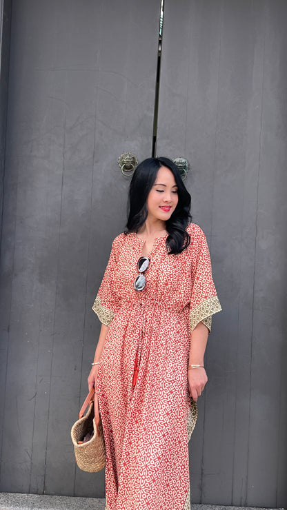Kaftan in Cotton Block Print - Rustic Red [LAST PIECE]