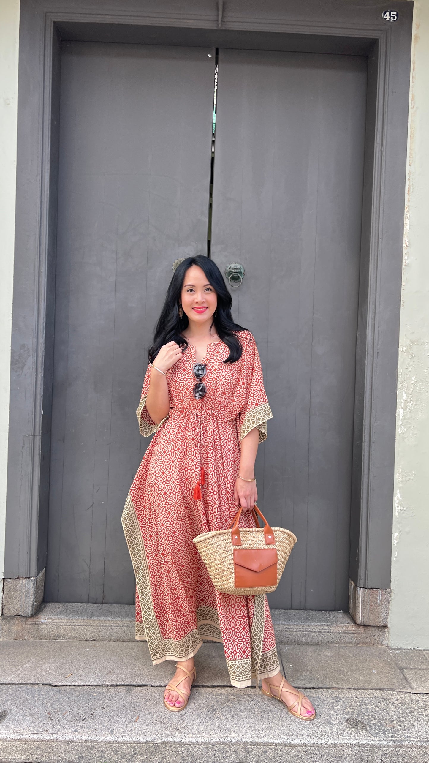 Kaftan in Cotton Block Print - Rustic Red