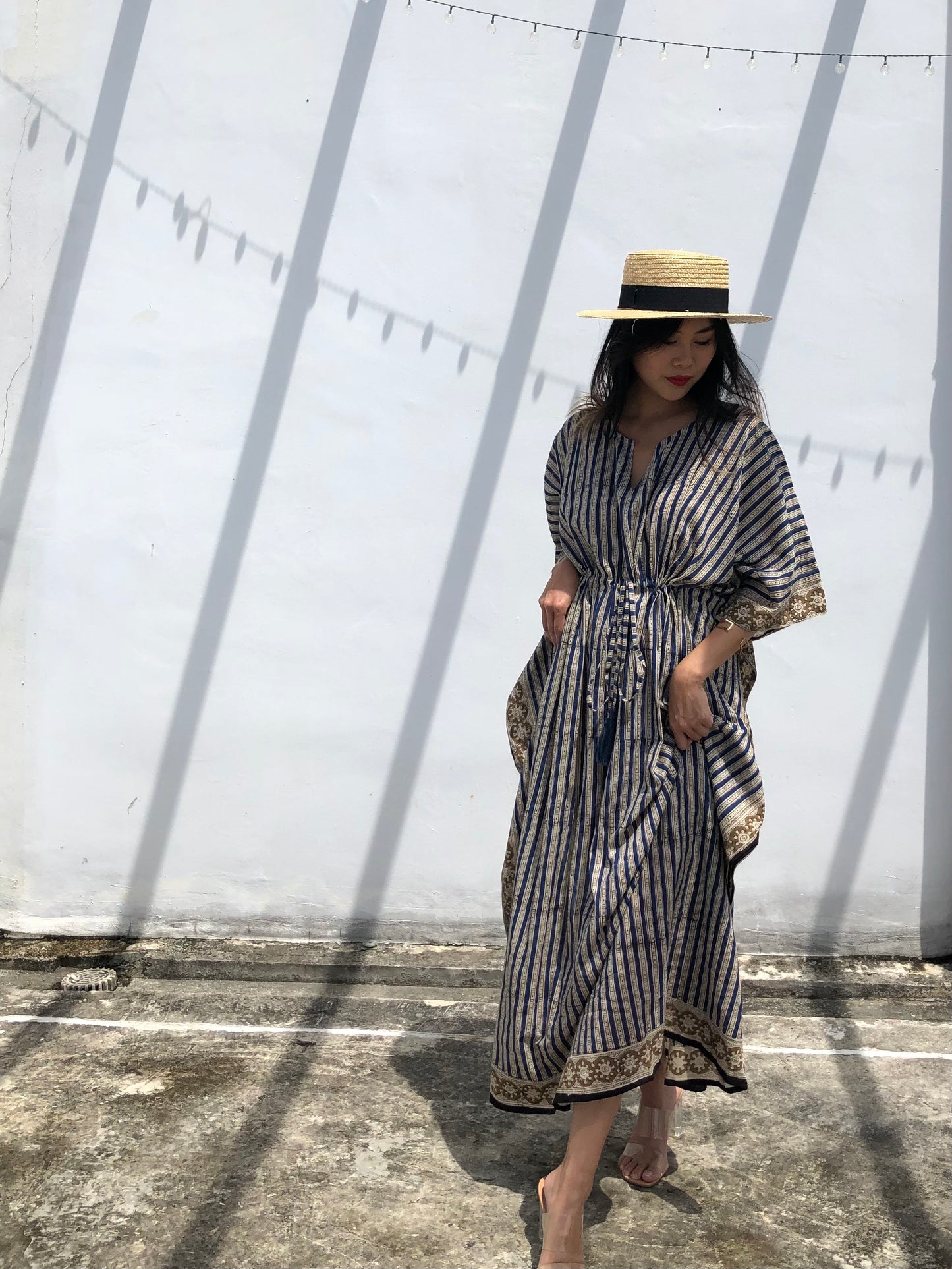 Kaftan in Cotton Block Print - Stripe Print