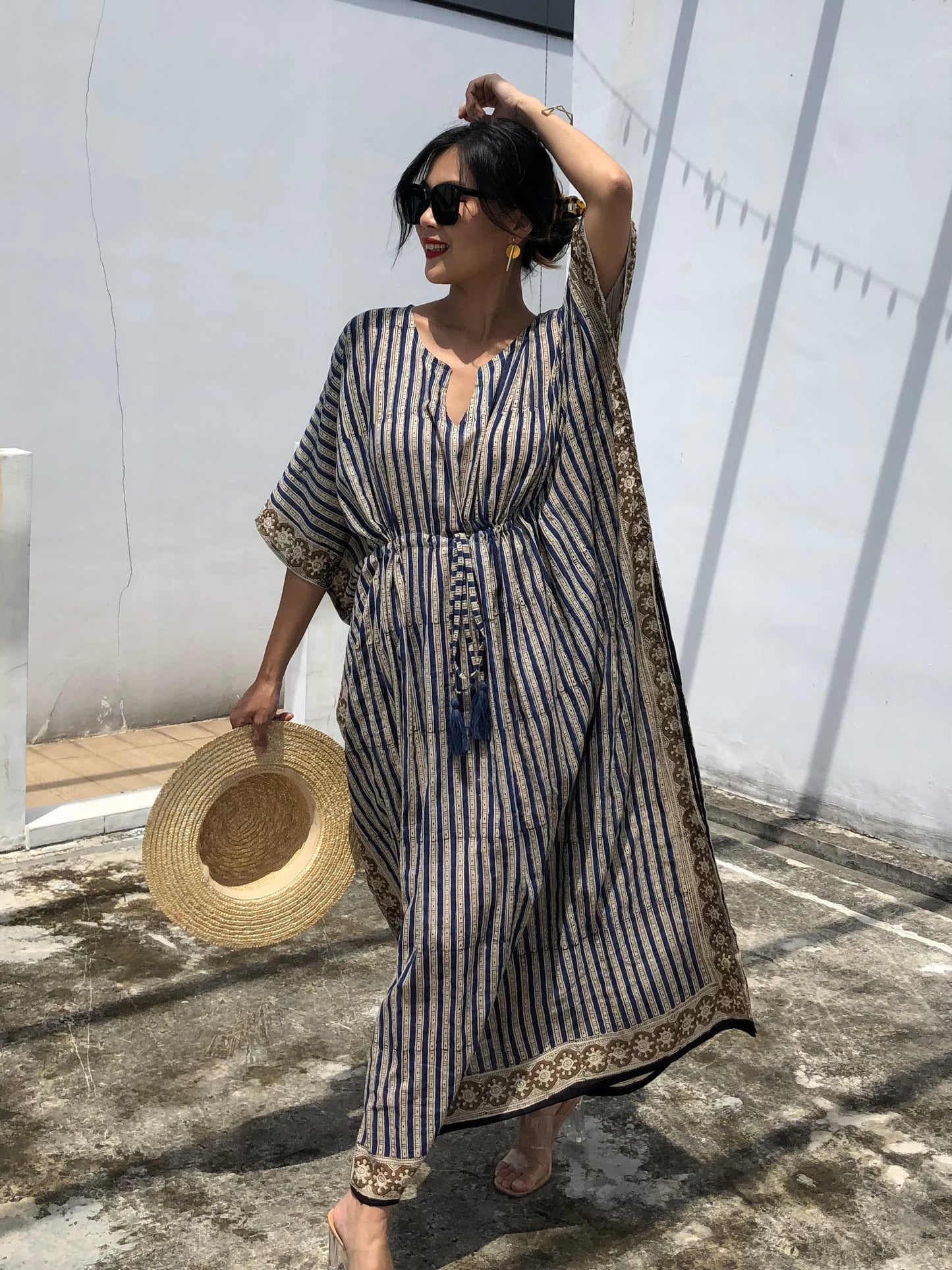 Kaftan in Cotton Block Print - Stripe Print