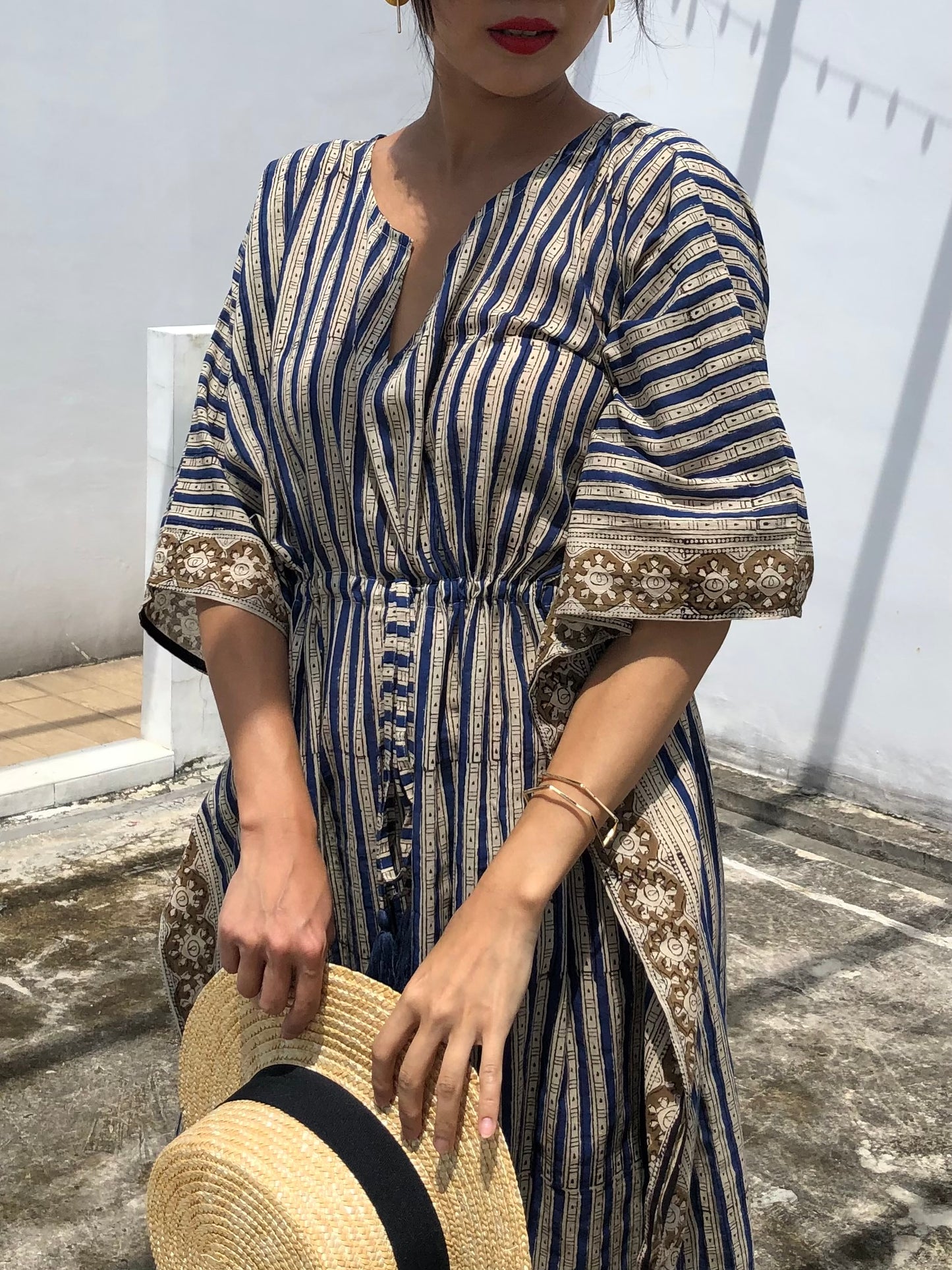 Kaftan in Cotton Block Print - Stripe Print