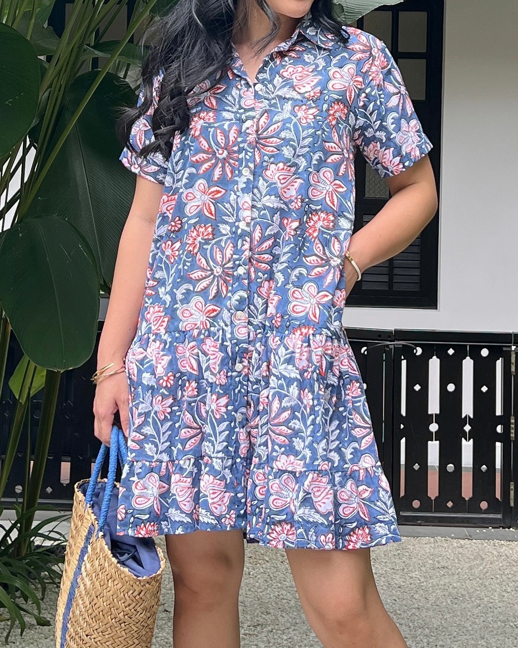 Elise Shirt Dress - Blue/Orange