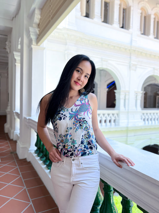 Anita V-Neck Flare Top - White/Blue